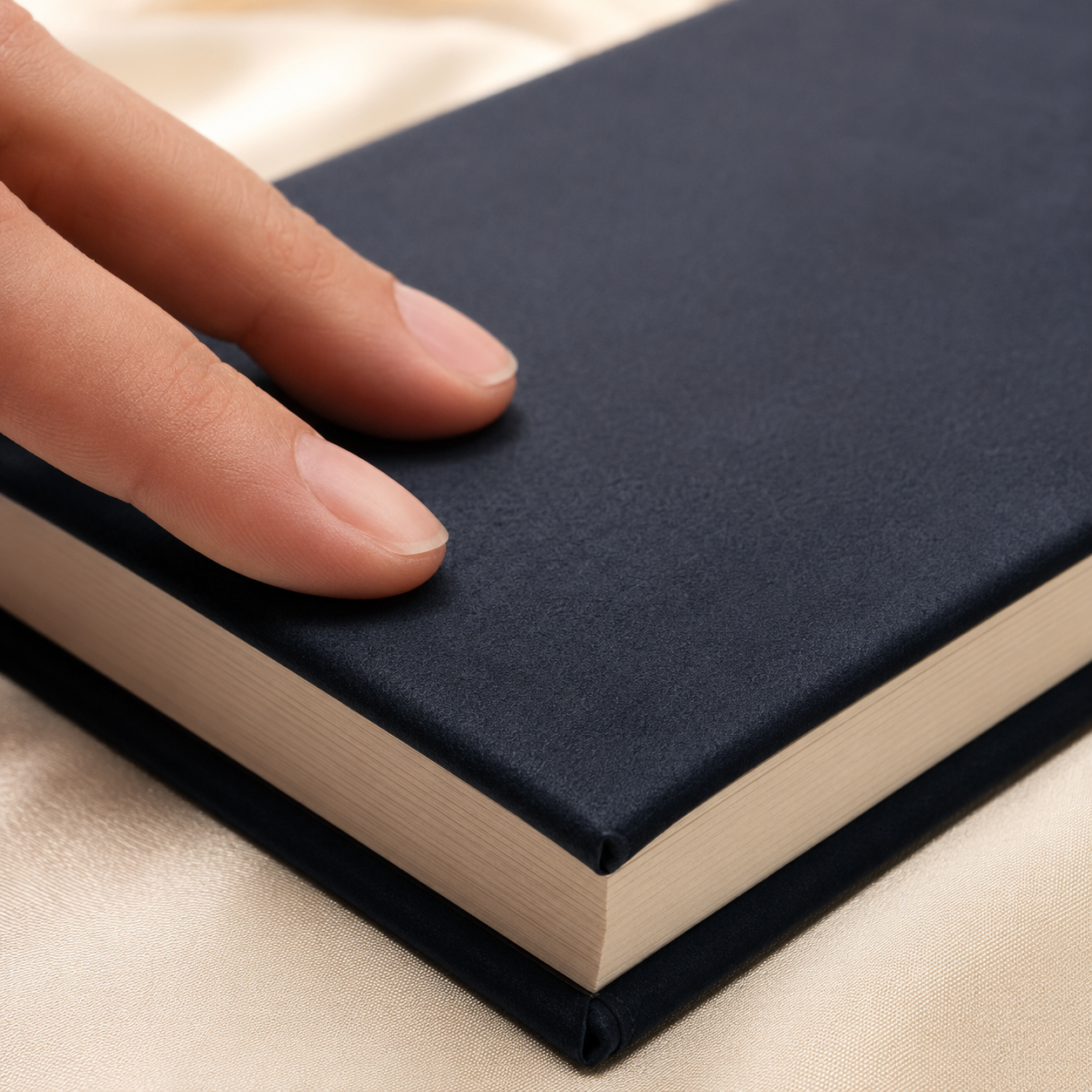 Close-up of the tactile matte surface and sealed corner of a soft-touch laminated book