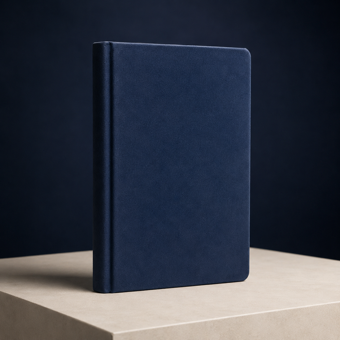 Premium navy book with soft-touch matte cover lamination