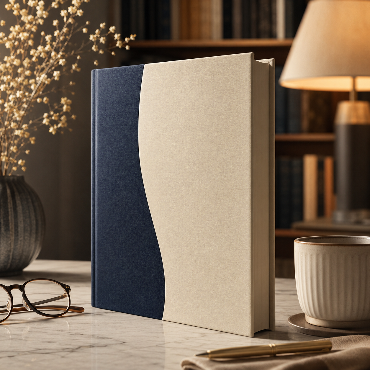 Soft-touch laminated book displayed in an elegant reading room