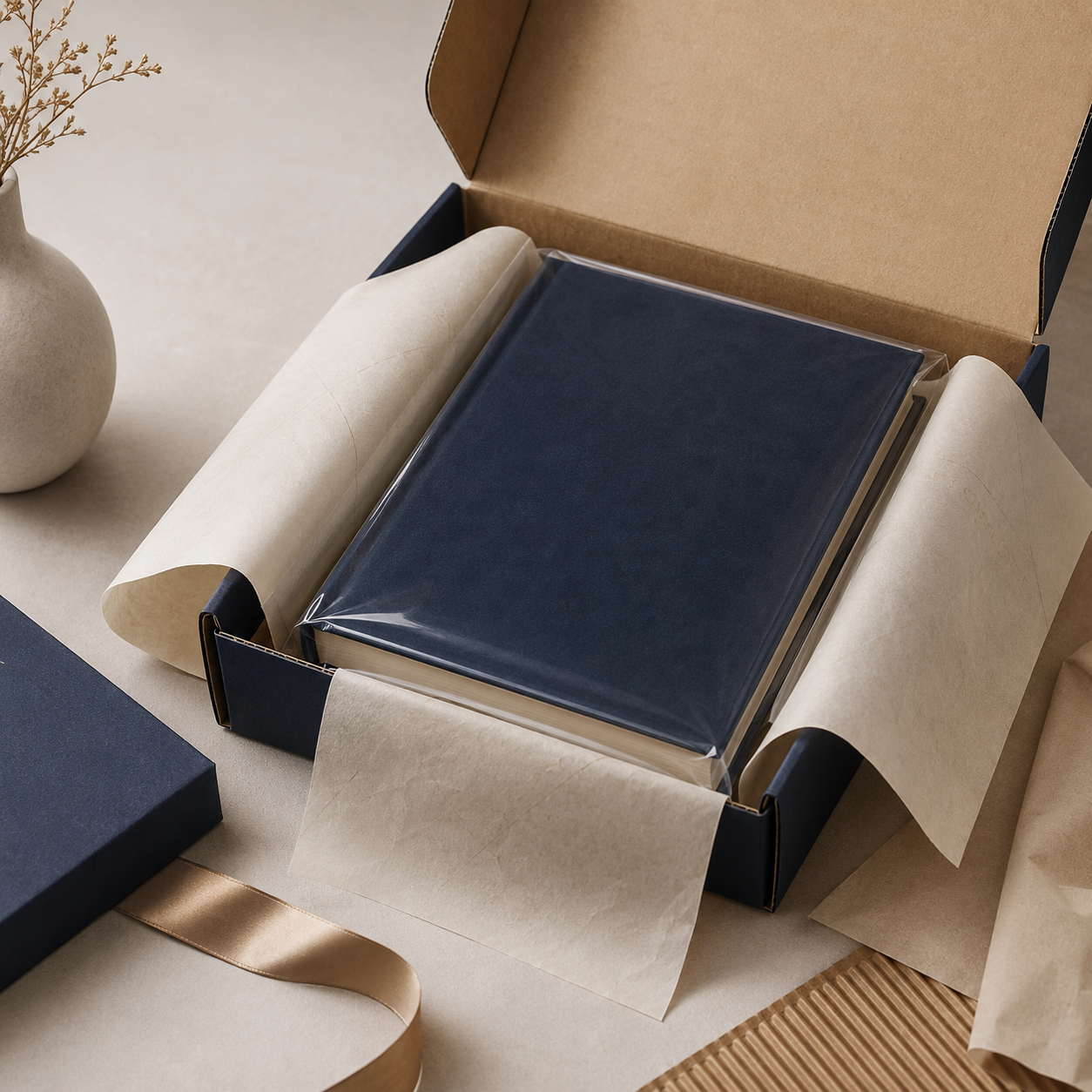 Soft-touch laminated book protected in premium recyclable packaging
