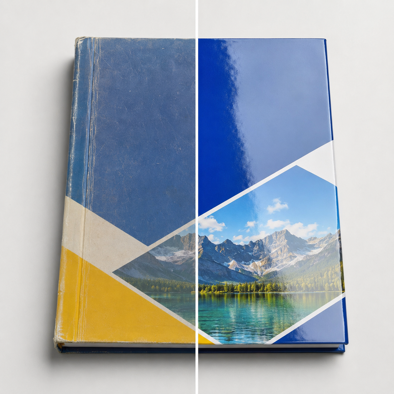 Before and after comparison of an untreated and gloss laminated textbook
