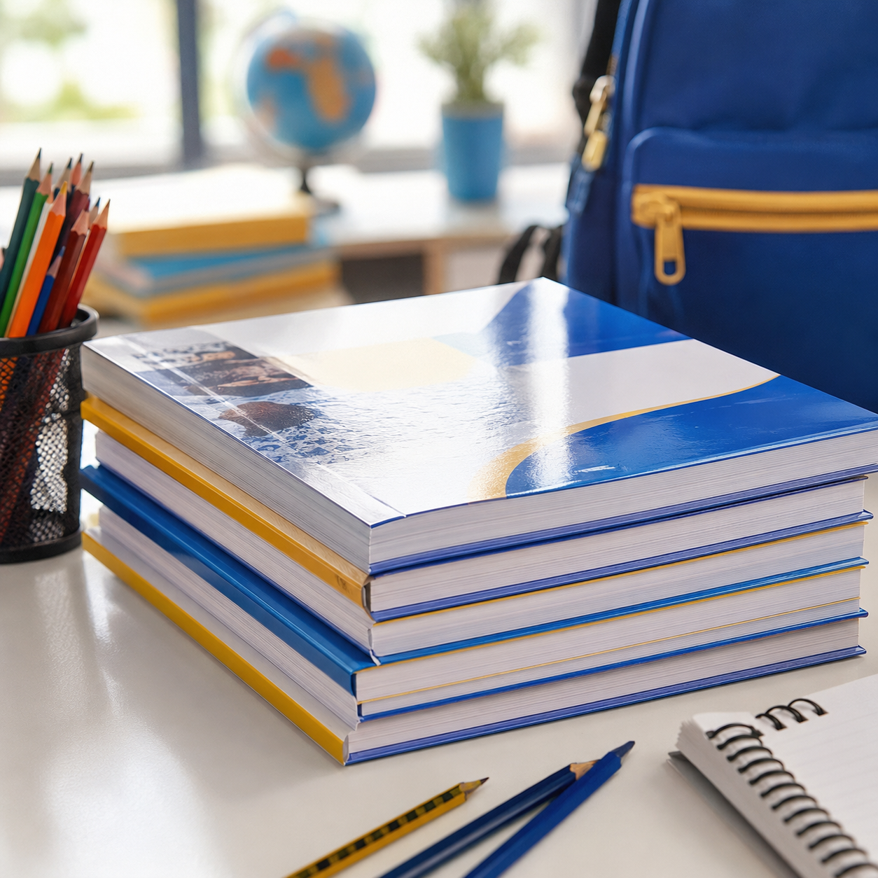Stack of gloss laminated textbooks on a bright student study desk