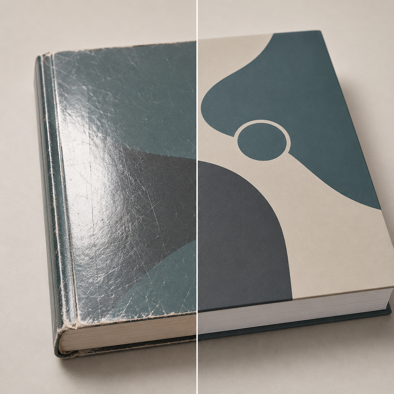 Before and after comparison of a worn textbook and a protected matte laminated textbook