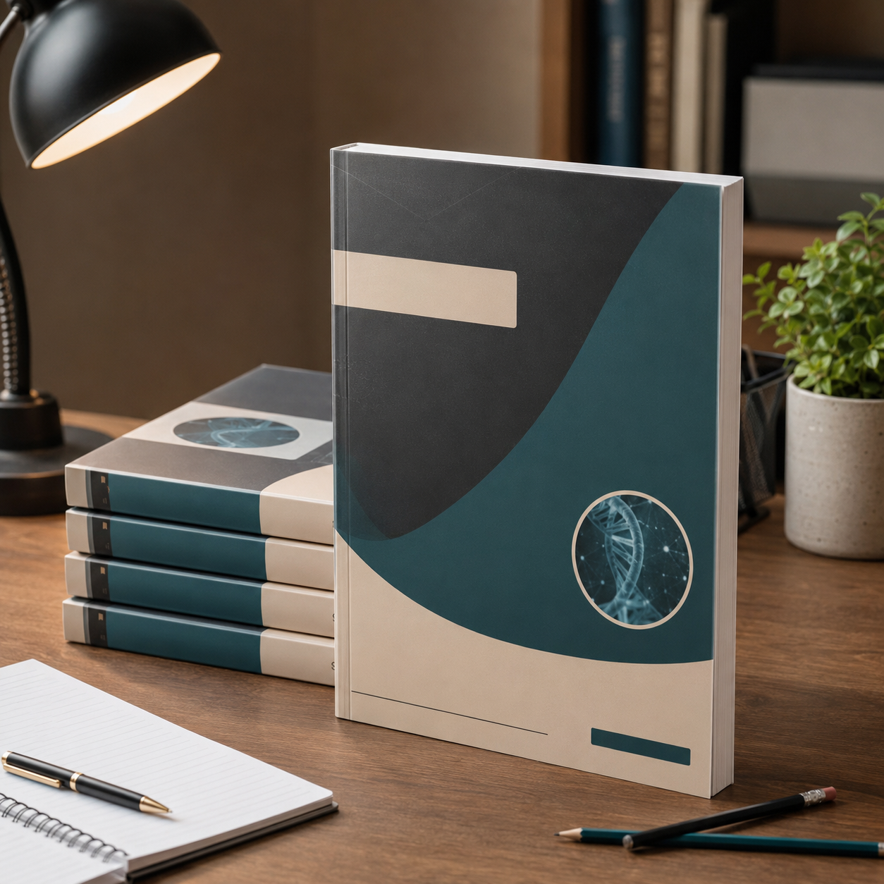 Matte laminated textbooks arranged on a calm modern study desk